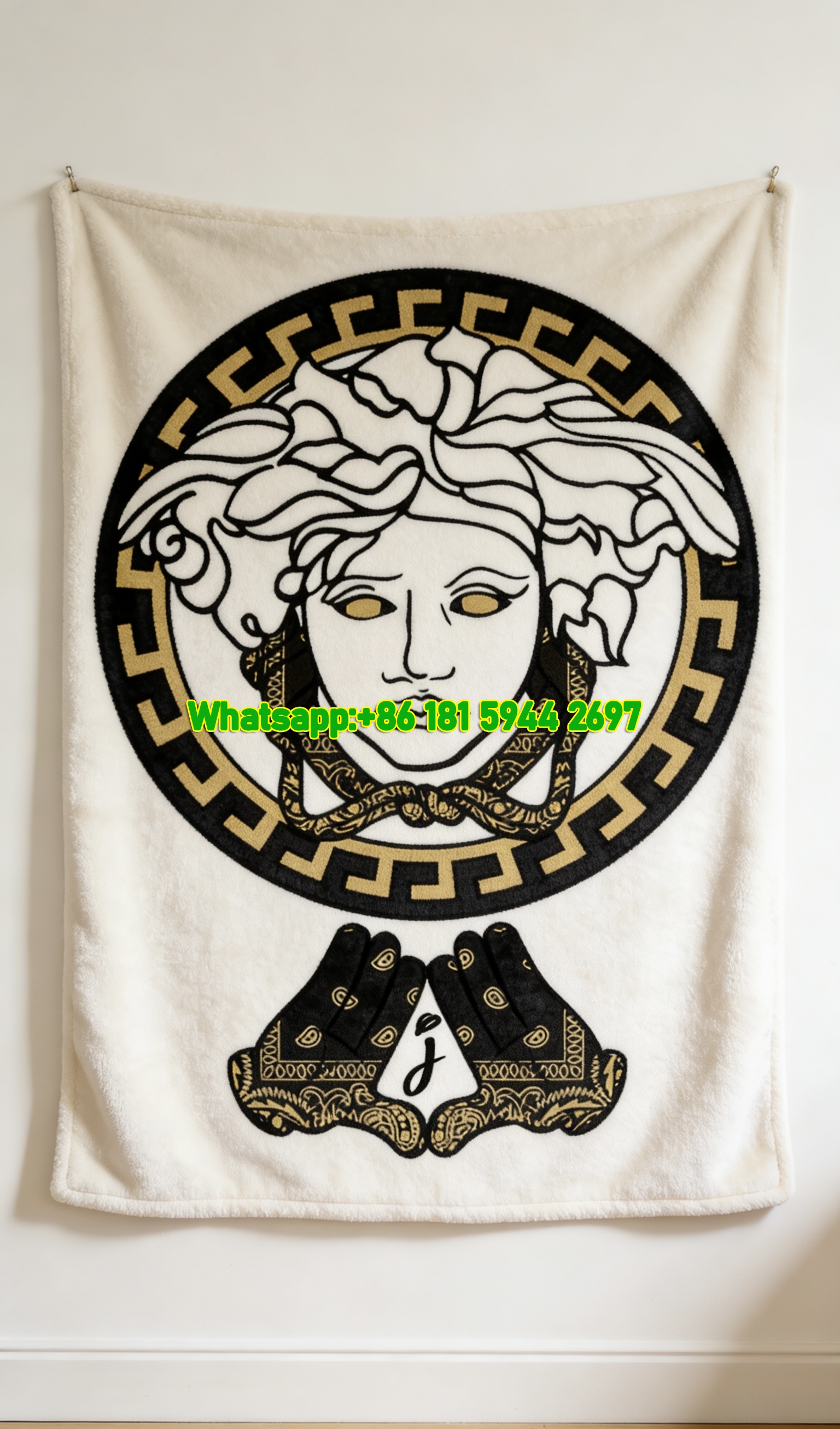 Versace Black Gold White Medusa Greek Key Gloves Print Flannel Sofa Throw Blanket IMG_1299